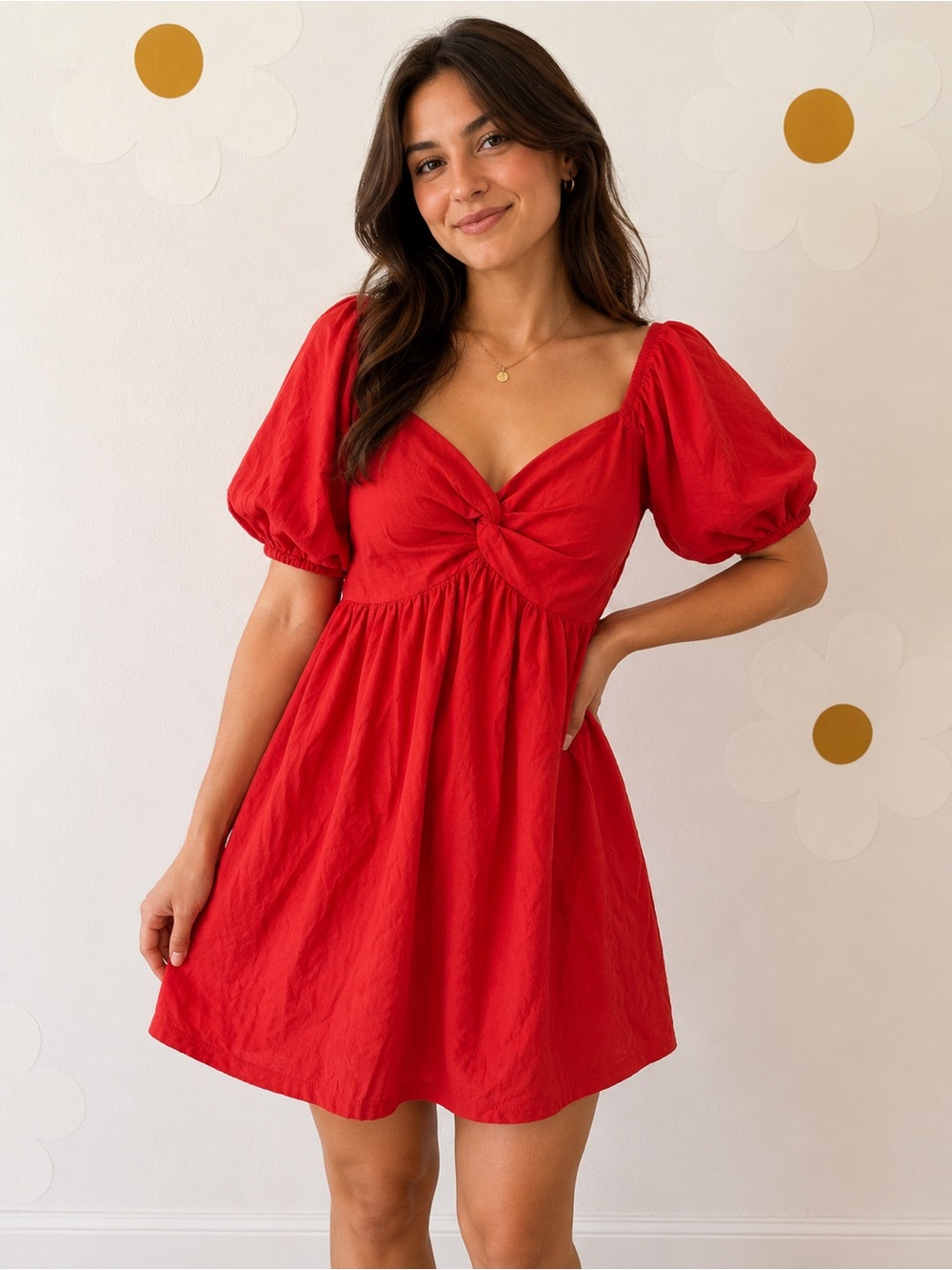 EUC &Merci Red Puff-Sleeve Knot Twist Front Mini Dress